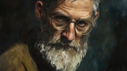 aged man with glasses and white beard wearing brown shirt against dark background displaying deep expression and artistic detail