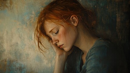 Fototapeta premium Portrait of a pensive young woman with auburn hair expressing sorrow, sitting in a contemplative pose against a textured blue and beige background.