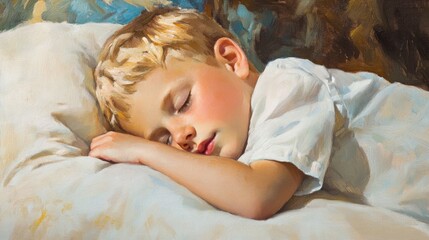 Obraz premium Peaceful sleeping toddler resting on soft pillow in serene home environment capturing innocence and tranquility of childhood.