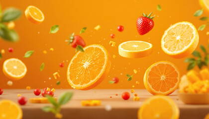 Juicy Orange Slices Strawberries and Leaves Falling
