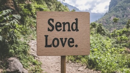 Rustic Signpost Send Love in Mountain Scenery