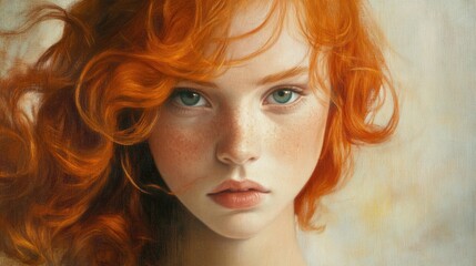 Portrait of a Young Girl with Vibrant Red Hair and Freckles, Intense Green Eyes, Soft Light Background, Artistic Detail.