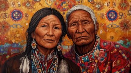 Naklejka premium Metis couple portrait showcasing traditional attire and rich cultural heritage against a vibrant patterned backdrop of gold and blue tones.