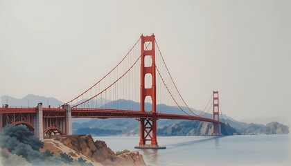Fototapeta premium Stunning panoramic view of the iconic Golden Gate Bridge in San Francisco, California, with a hazy sky and tranquil waters.