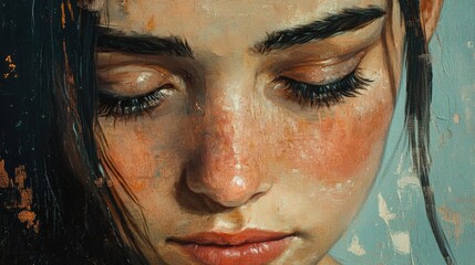 Close-up portrait of a melancholic young woman with long dark hair, soft features, and natural skin tones, expressing deep emotion against a muted background.
