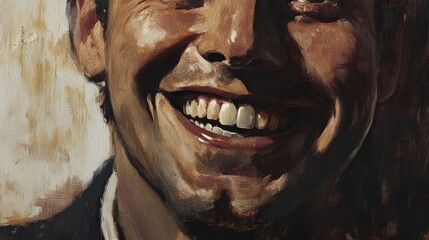 Smiling middle-aged man with medium skin tone showcasing bright white teeth, set against a soft beige background, capturing warmth and joy in close-up portrait.