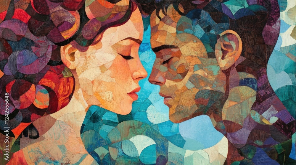 Poster intimate artistic portrait of couple in close proximity with colorful abstract patterns and soft blu