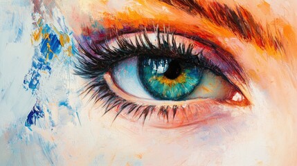 Close-up of a vibrant woman's eye with striking turquoise and orange tones in an artistic composition showcasing fine details and colorful brushstrokes