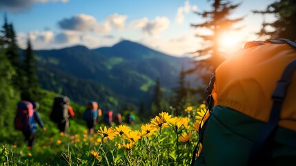 Fototapeta premium Hikers on Mountain Trail at Sunset
