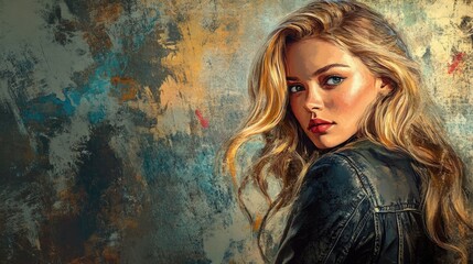 Fototapeta premium Portrait of a captivating blonde young woman in a denim jacket against a textured blue and gold abstract background, showcasing vibrant colors and artistic flair.