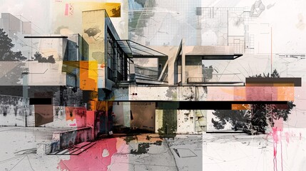 Modern collage blending architectural photos with abstract graphics