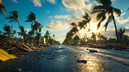 Obraz premium Hurricane Aftermath: Sunlit Road Through Damaged Palm Trees