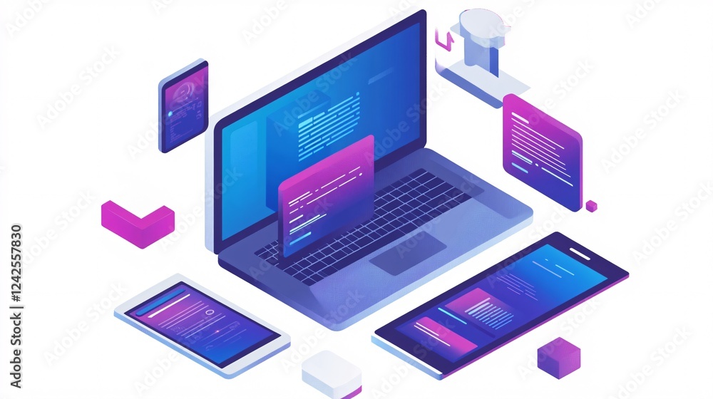 Aufkleber Laptop showcasing software development environment with smartphones and abstract geometric shapes