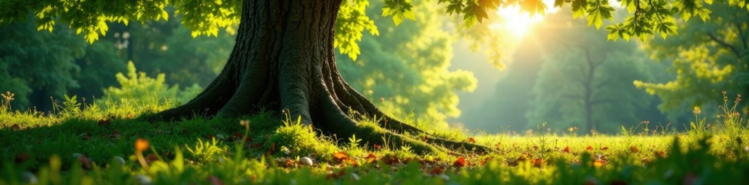 Vista de la base del arbol con copa etronco y raices, bosque, arbusto, vegetal