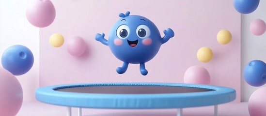 Colorful animated character joyfully bouncing on a trampoline surrounded by playful pastel balloons