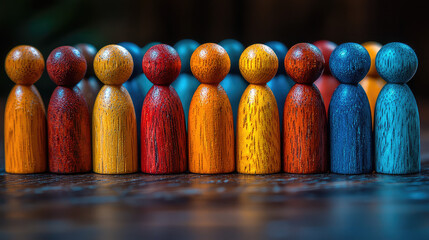 Colorful wooden figures in a row, symbolizing diversity and unity.