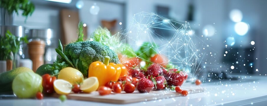 Innovative agriculture and food production: digital network graphic featuring fresh fruits and vegetables