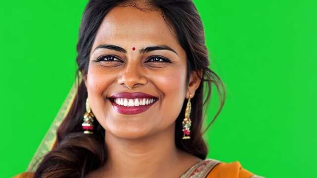 Radiant Smile:  A beautiful Indian woman with a warm and radiant smile and traditional attire, showcasing her  cultural heritage. The green background  allows for easy compositing.