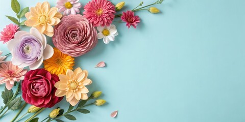 Vibrant colourful handmade flowers on light blue background with plenty of space to create a sense of elegance and sophistication, floral patterns, design inspiration, craft supplies, flowers