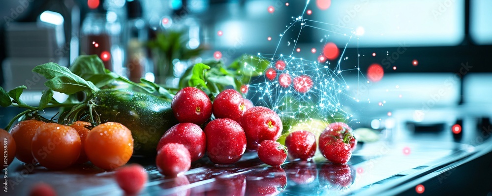 Aufkleber utilizing augmented reality holographic projection to analyze fresh vegetables in a modern laborator