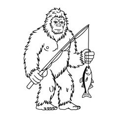 Fototapeta premium Outline Cartoon Illustration of Bigfoot Fishing