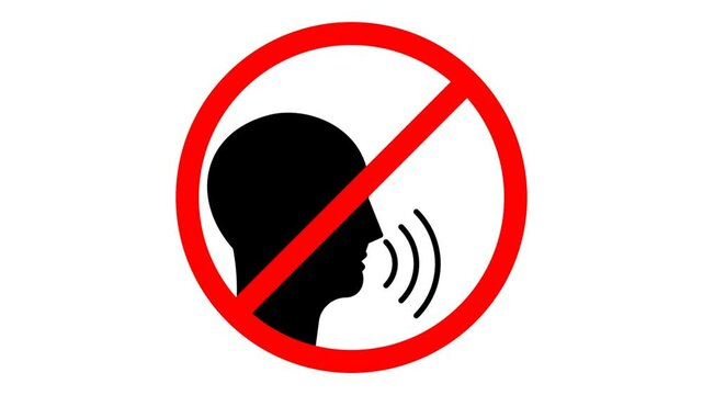 Keep quiet symbol or silent please sign. Crossed person talking in red circle. Do not make loud noises. No talking. Keep calmly communication. The Shut Up symbol. Silent Please Sign