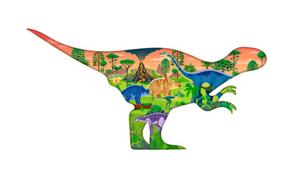 Paper cut prehistoric era dinosaur silhouette with ancient era landscape with erupting volcano and dino species roam amidst verdant foliage and palm trees . 3d vector frame with Jurassic period life