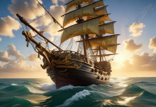 Un cielo dorado y tranquillo se extiende sobre un gran barco pirata a punto de pasear en un d?a soleado, calm water, golden sky, sunny day