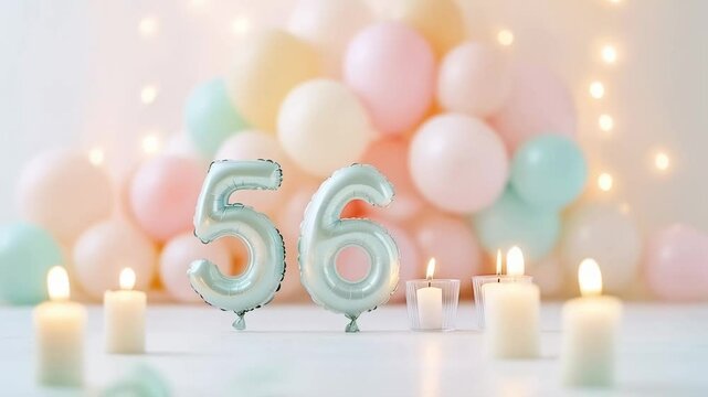Celebratory Decor Featuring a 56th Birthday Theme with Pastel Balloons and Soft Candlelight Set Against a Warm, Inviting Background for Memorable Celebrations