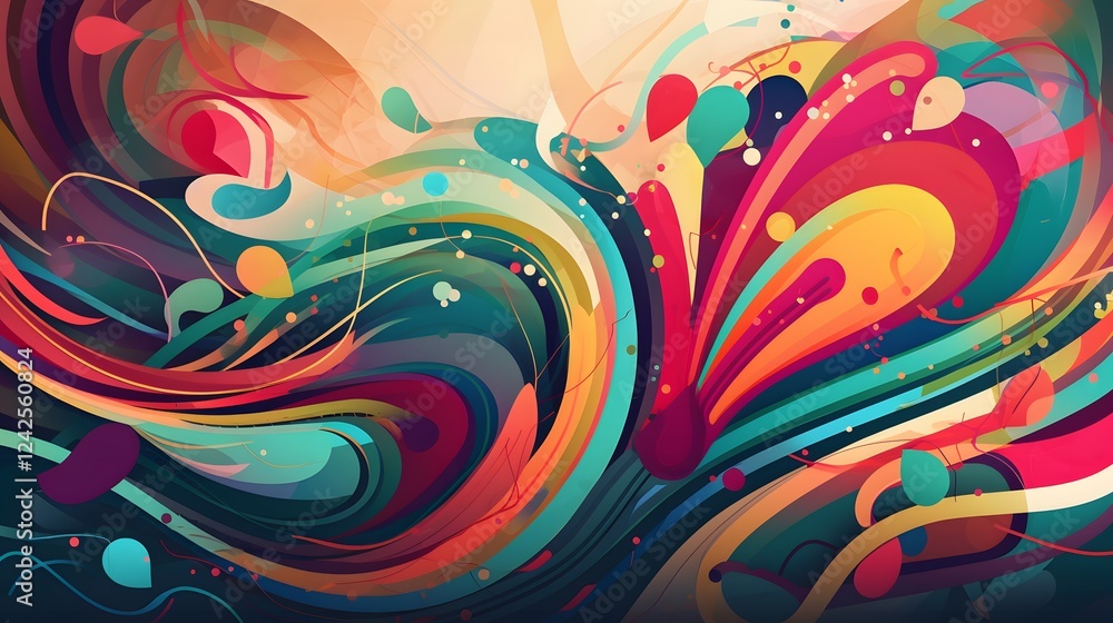 Poster vibrant abstract art design, colorful swirling patterns with dynamic shapes, ideal for backgrounds o