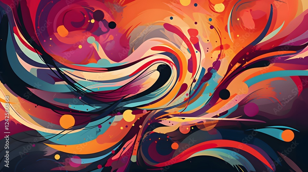 Poster vibrant abstract swirl, colorful dynamic patterns, bold hues creating a sense of movement and energy
