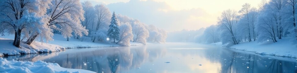 Soft White Snowflakes Falling on a Frozen Lake, frosty atmosphere, frosty, snow covered trees