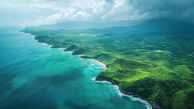 Tropical coastline aerial view, lush green hills meet turquoise ocean under cloudy sky