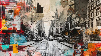 Fototapeta premium Urban collage with cityscapes, street art, and architectural details