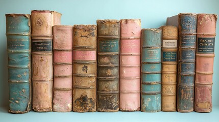 A collection of vintage, worn books arranged on a pastel blue background, showcasing their aged spines