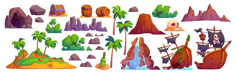 Cartoon pirate and corsair game assets, vector UI. Treasure island, chest and map in bottle, sunken ship, black flag and skull. Corsair treasure cave, rum barrels, landscape palms and mountain