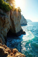 Naklejka premium Seaside cliff with sunlight filtering through the cracks, atmosphere, texture, filter