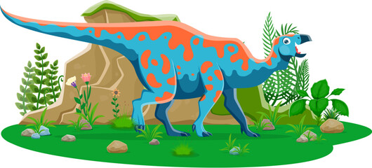 Iguanodon prehistoric dinosaur character. Late Cretaceous Mesozoic era lizard. Isolated cartoon vector ancient herbivore dino reptile animal in natural environment with rocks, ferns and green plants