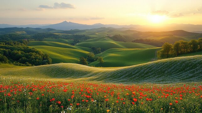 Tuscan sunset over rolling hills with wildflowers