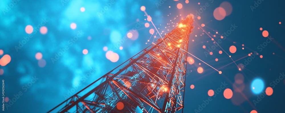 Poster Telecommunication tower sending data through network connections in the evening