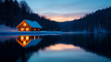 Obraz premium Illuminated Lakeside Cabin in Winter Sunset