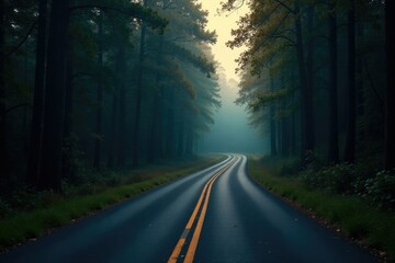 Fototapeta premium A lonely, winding road that disappears into the darkness of a dense forest, path, winding, solitude