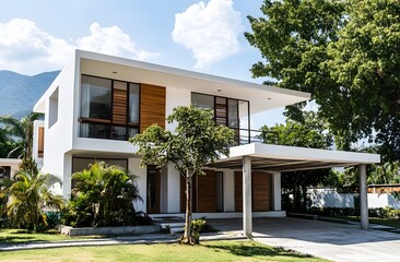 Modern Two Story House with White Walls and Wood Accents
