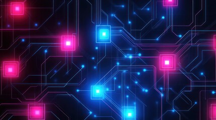 Electronic circuit board with glowing elements on a dark background, for tech or science