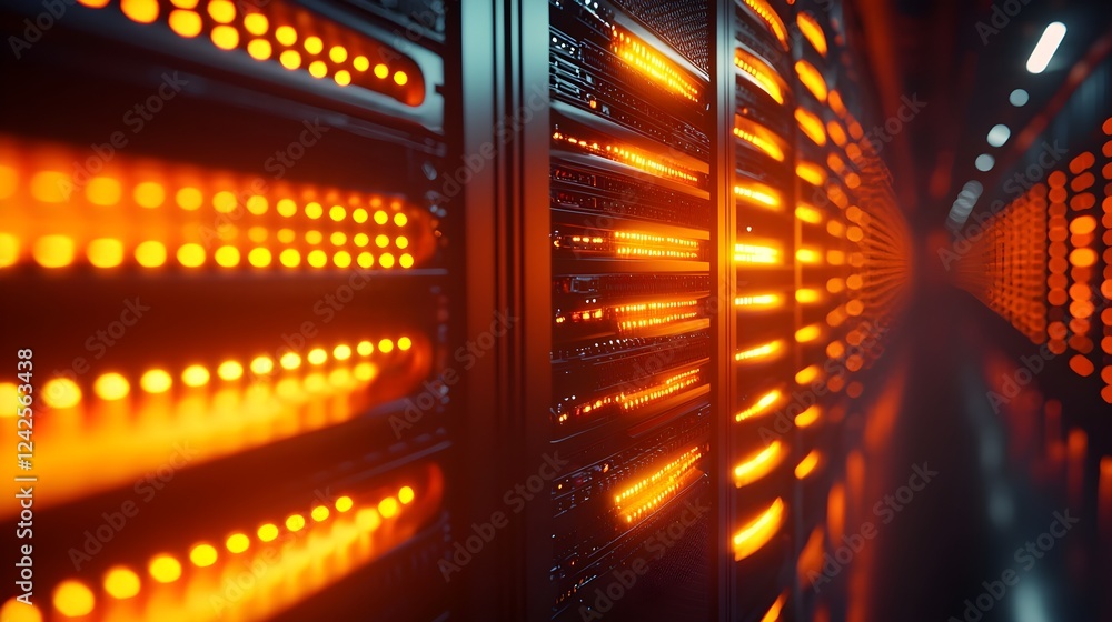 Poster illuminated server racks in dark data center