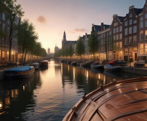 Fototapeta premium Wooden sailing boat on Amsterdam canal with a glimpse of the city's skyline, canal, boat