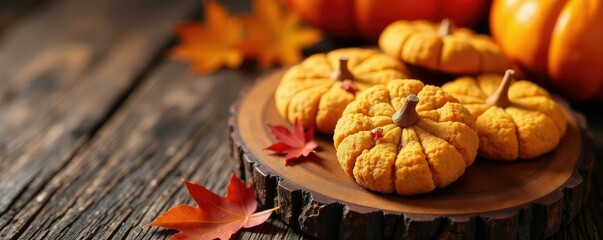 Wooden platter with pumpkin cookies and autumn leaves, platter, pumpkin