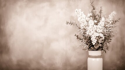 Fototapeta premium Sepia-toned Bouquet of White Flowers in Rustic Vase