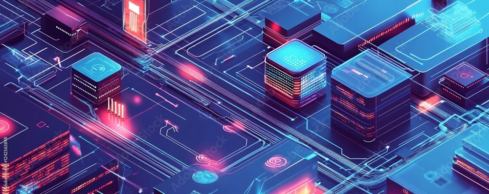 Poster Network of servers illuminated by neon lights, showcasing the concept of data storage and processing