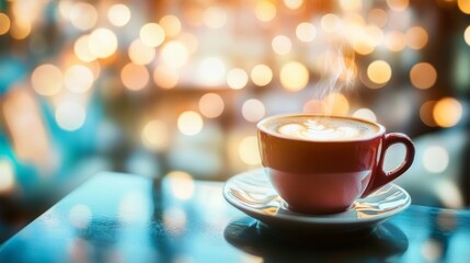 Fototapeta premium Blur coffee shop or cafe with abstract bokeh light background for product display montage